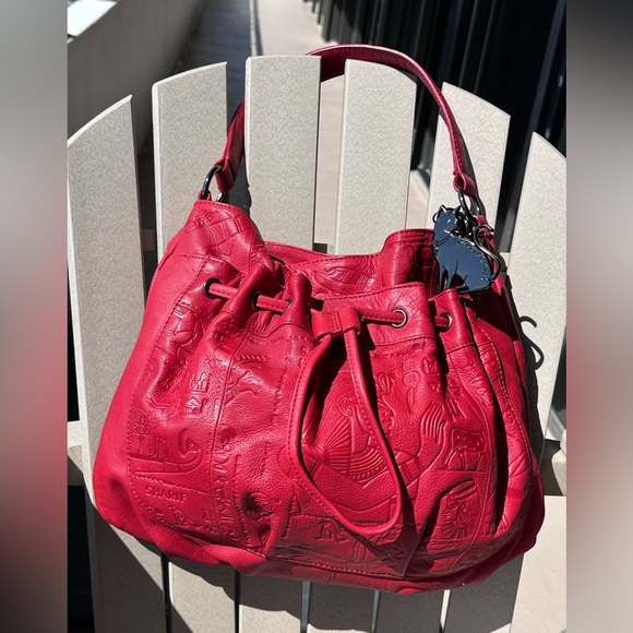 ❤️ Sharif Firenze Red Hieroglyphics Leather Drawstring Shoulder Bag ~ Excellent - Picture 15 of 15